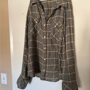 Free People Black, White and Tan Houndstooth Plaid Top